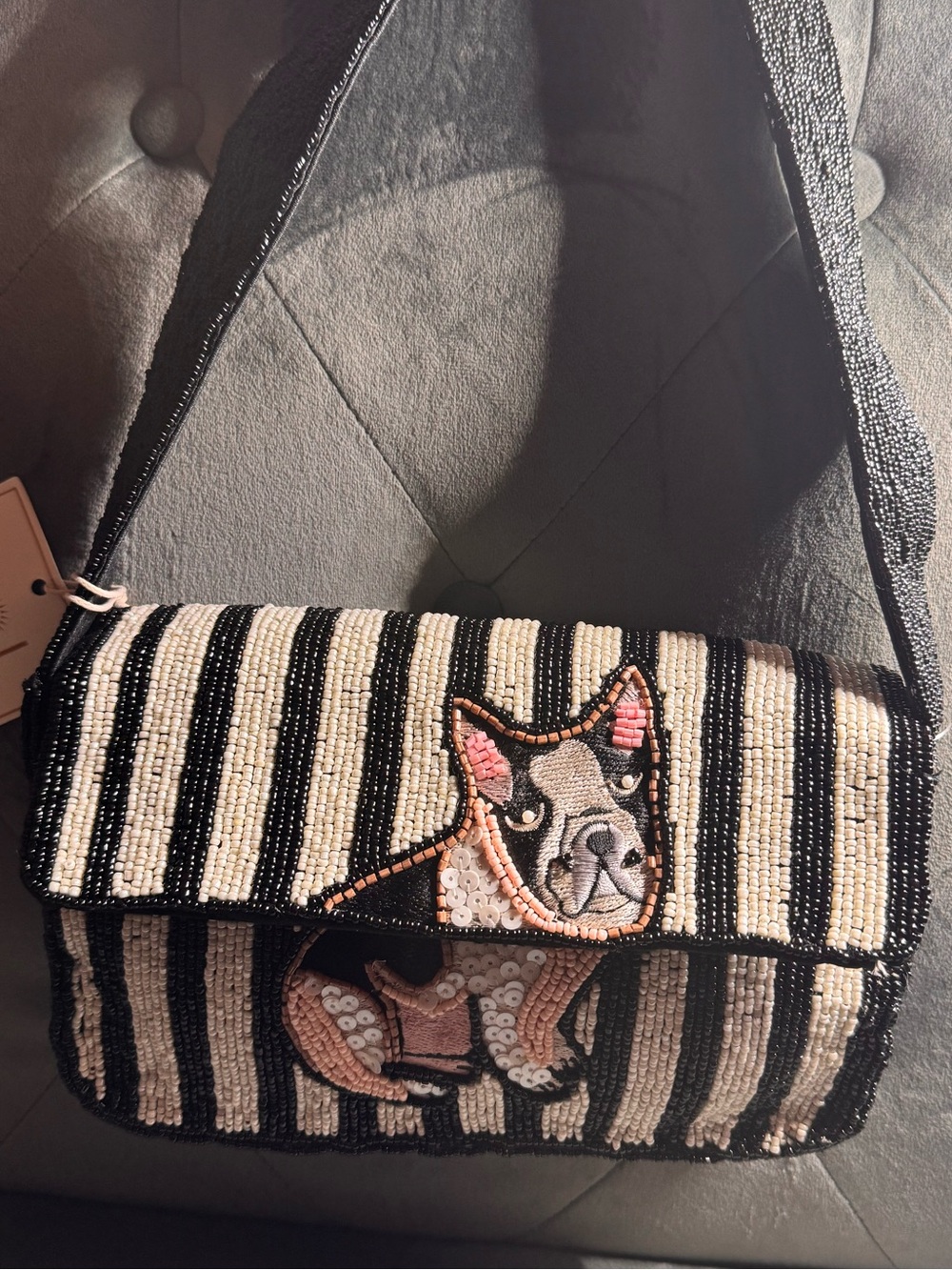 Sol and Mer Beaded Black & White Striped Shoulder Bag with French Bulldog